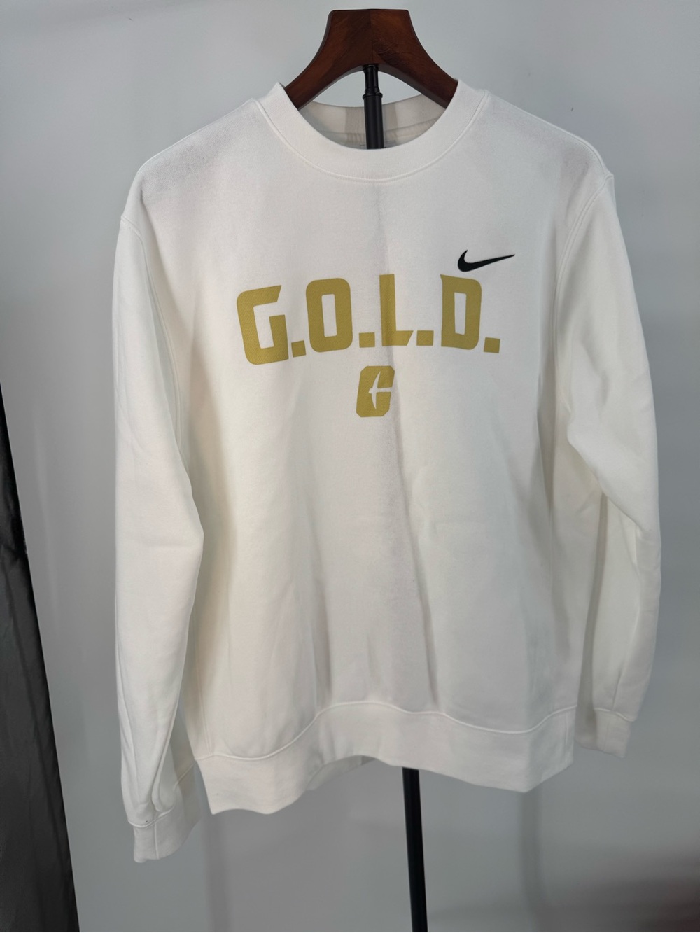 Nike White Crewneck Sweatshirt with Gold G.O.L.D. Logo